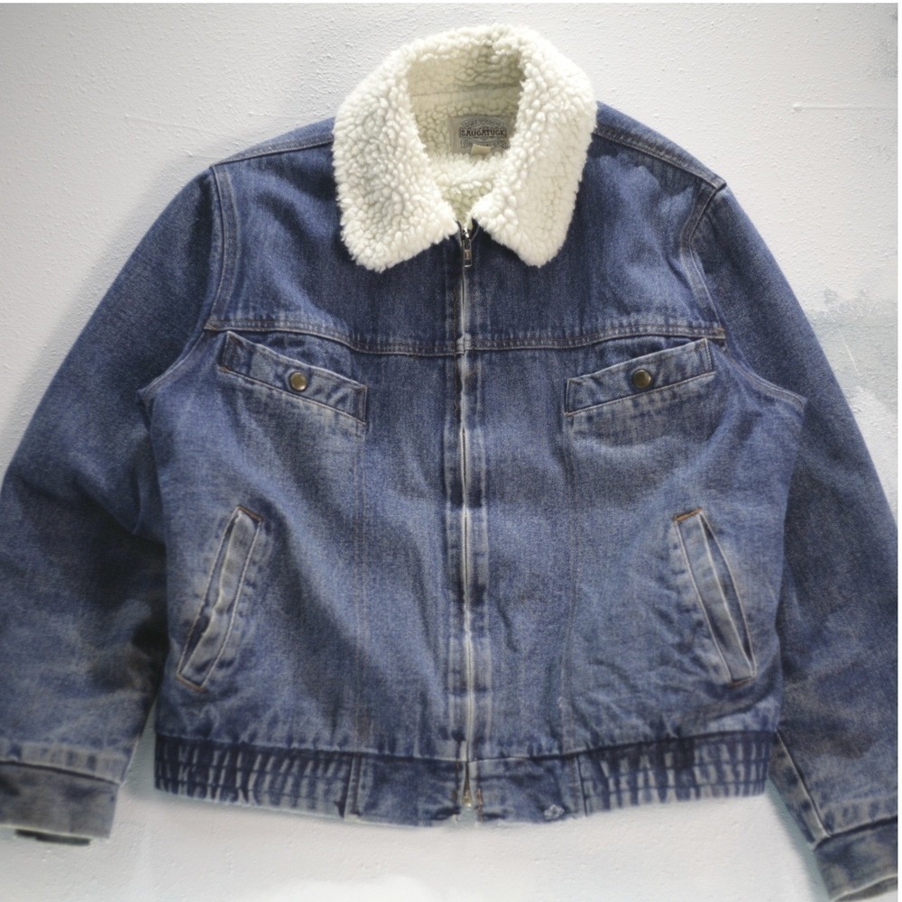 VTG Saugatuck Denim Sherpa Jacket Men XL Dry Goods Trucker 42 Zip Up Bomber Coat